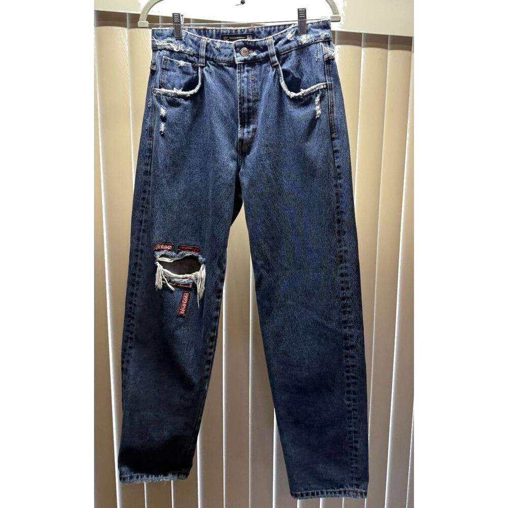 Zara Distressed Patch Jeans Women’s Size 8 Blue Denim Straight Leg Y2K Streetwea